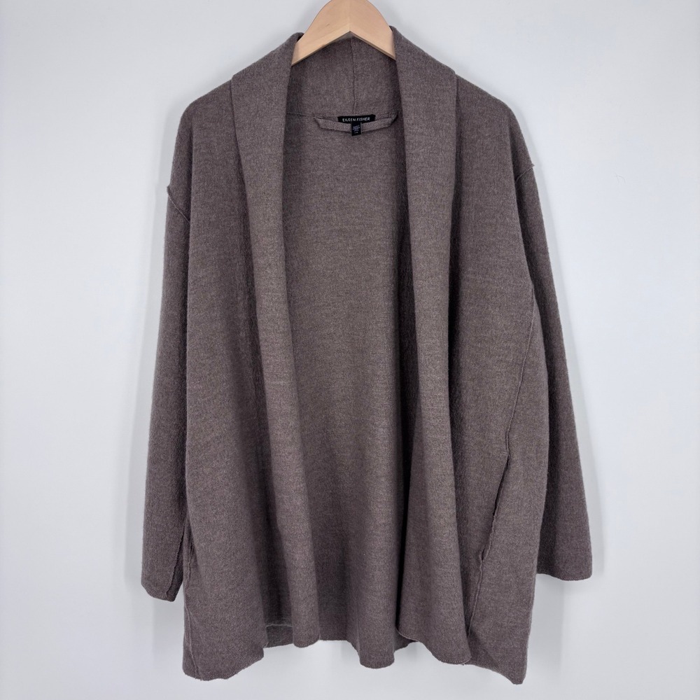 Eileen Fisher Boiled Wool Shawl Collar Open Front Cardigan Womens Large Brown